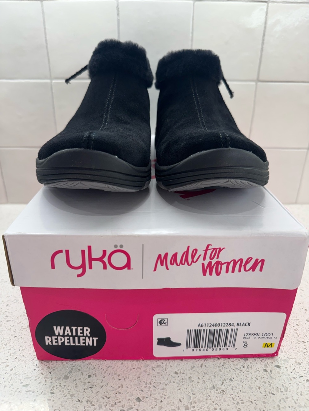 Ryka Women's Black Faux-Fur Cuff side-zip boots